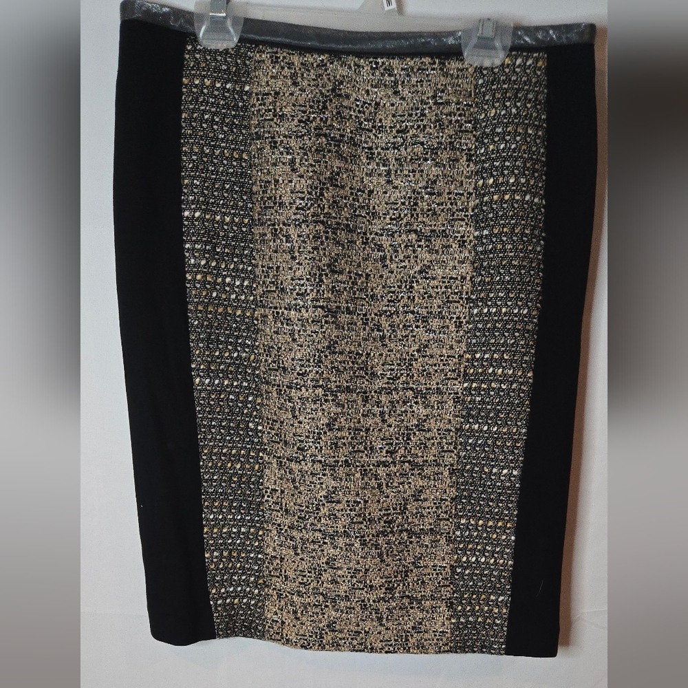 Anthropologie Yoana Baraschi Black Gold Women's 6 Tweed Mixed Media Pencil Skirt